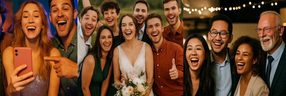 Gäste feiern lachend vor einer Fotowand